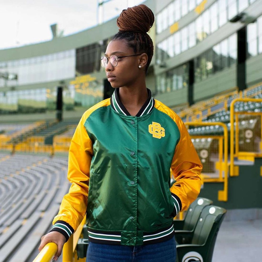 Womens * | Packers Womens Mitchell & Ness 2.0 Satin Jacket Green & Gold