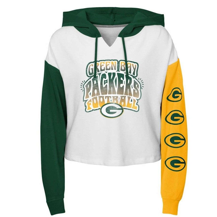 Womens * | Packers Juniors Color Run Po Cropped Hoodie White & Green