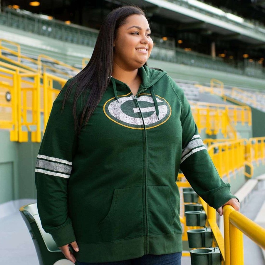 Womens * | Packers Womens Plus Size Sleeve Stripes Hoodie Green