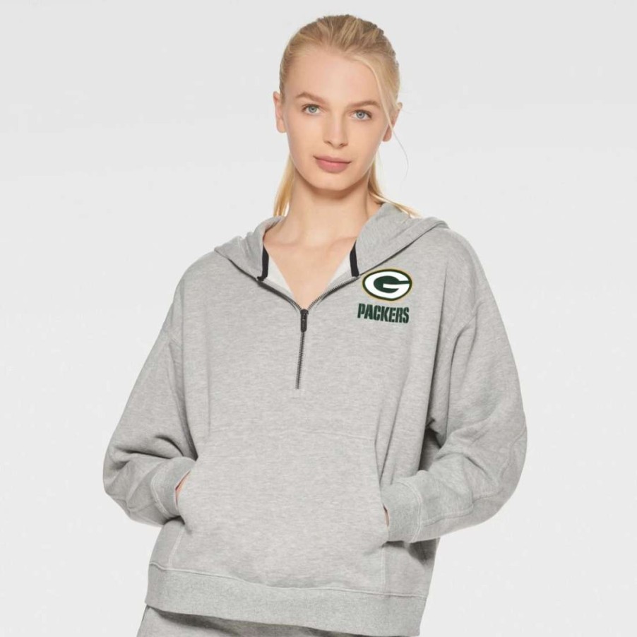 Womens * | Packers Women'S Dkny Randi 1/4 Zip Cropped Hoodie Heather Gray