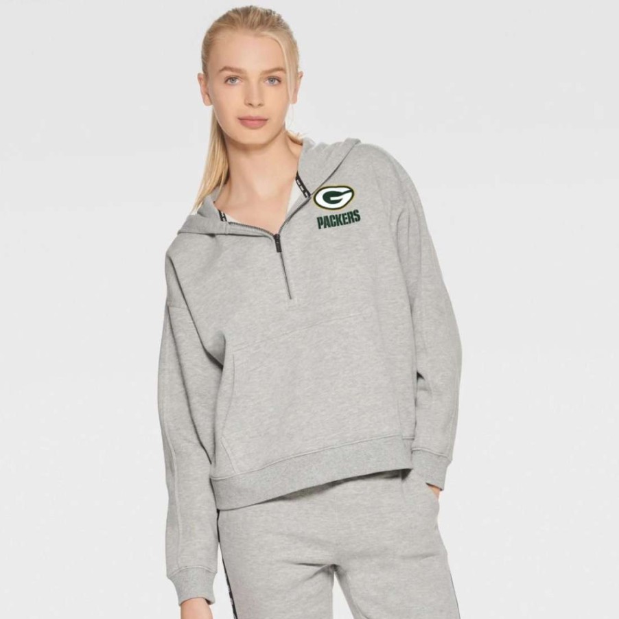 Womens * | Packers Women'S Dkny Randi 1/4 Zip Cropped Hoodie Heather Gray