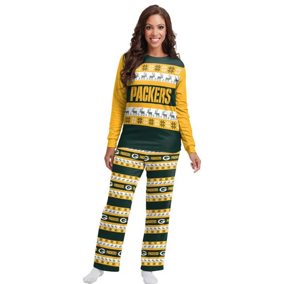 Womens * | Packers Womens Ugly Crewneck Pajama Set Green & Gold