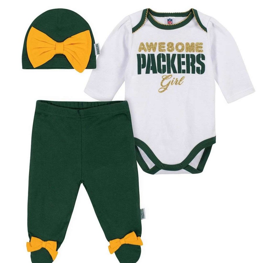 Kids * | Packers Infant Gerber Bow 3-Piece Bodysuit Set White & Green