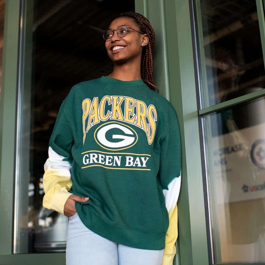 Womens * | Packers Womens '47 Sleeve Dye Fleece Crew Green & Gold