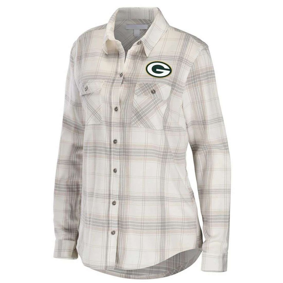 Womens * | Packers Womens Erin Andrews Flannel Shirt White & Green