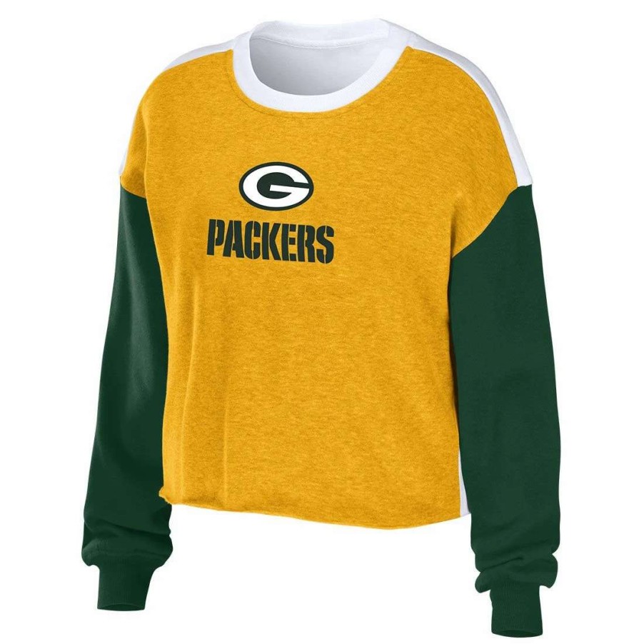 Womens * | Packers Womens Erin Andrews Mixed Cropped Crew Green & White