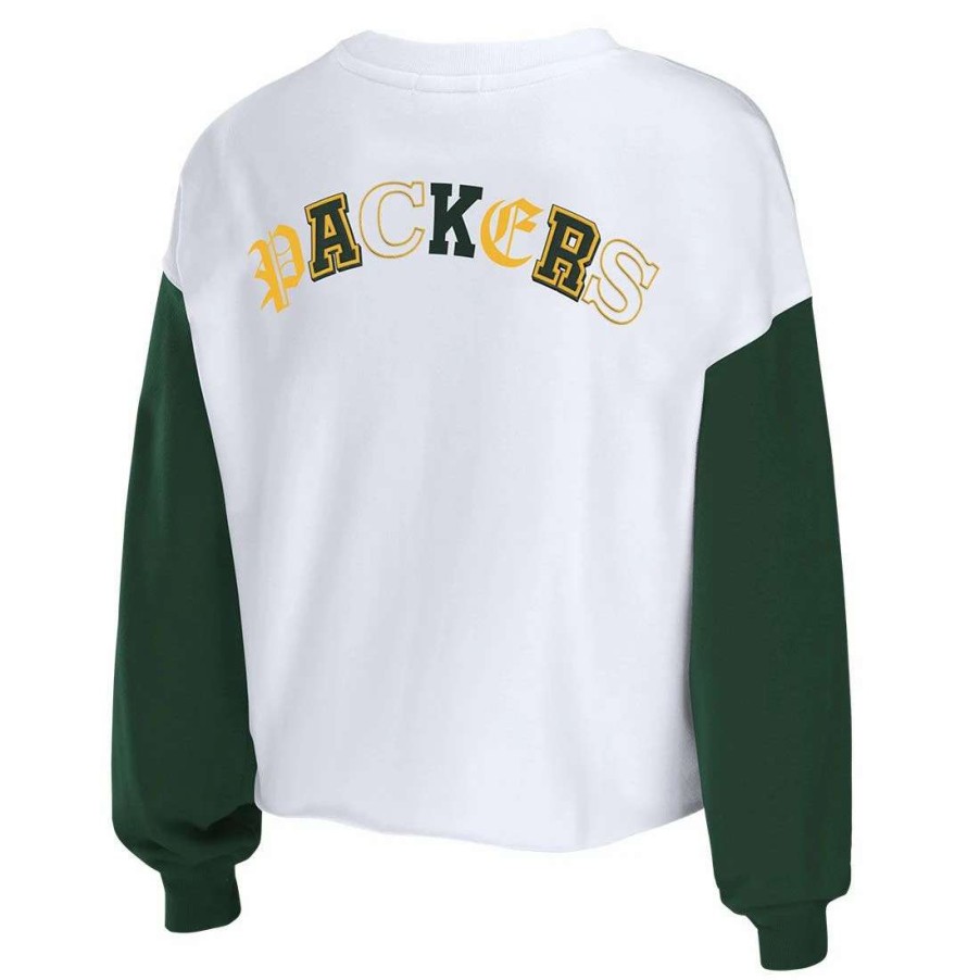 Womens * | Packers Womens Erin Andrews Mixed Cropped Crew Green & White