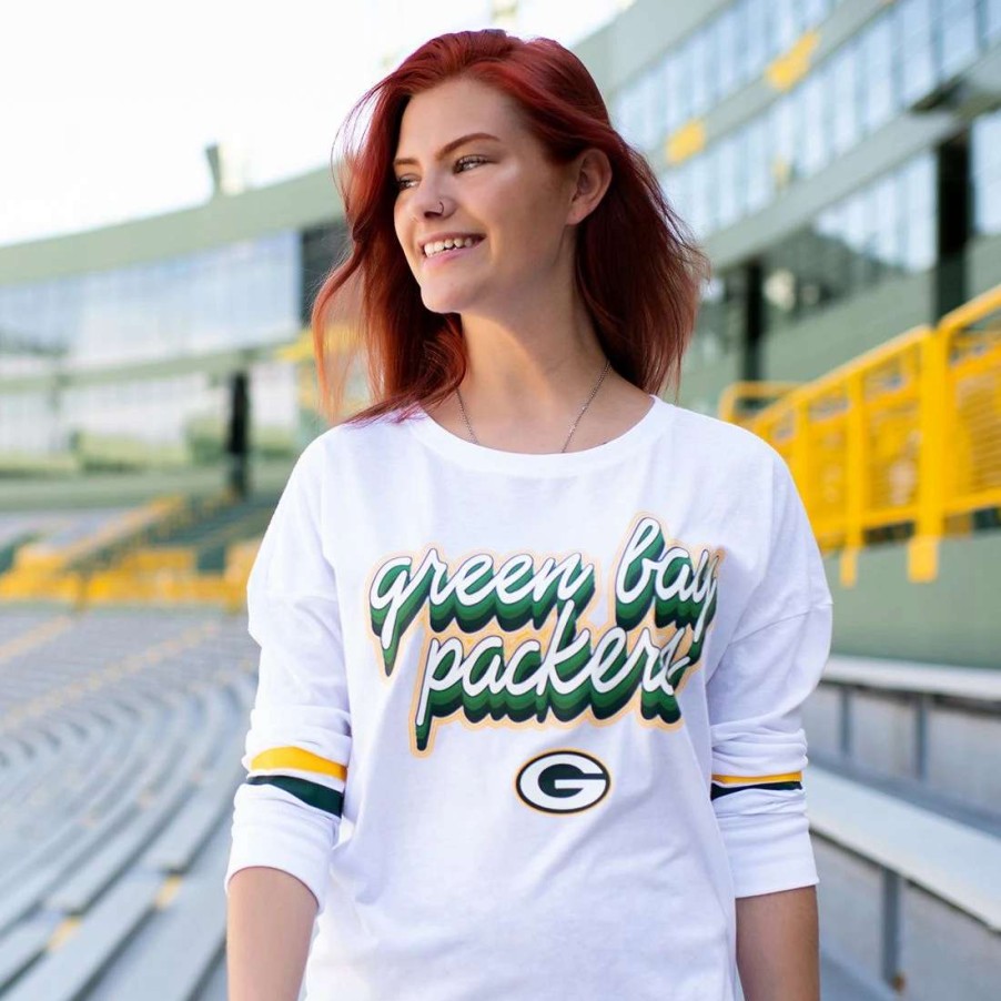 Womens * | Packers Womens Iconic Sleeve Stripes T-Shirt White & Green