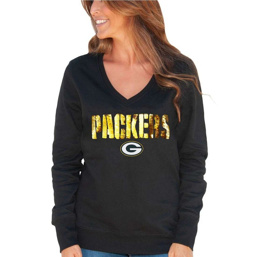 Womens * | Packers Womens Deep V-Neck Sequin Fleece Black