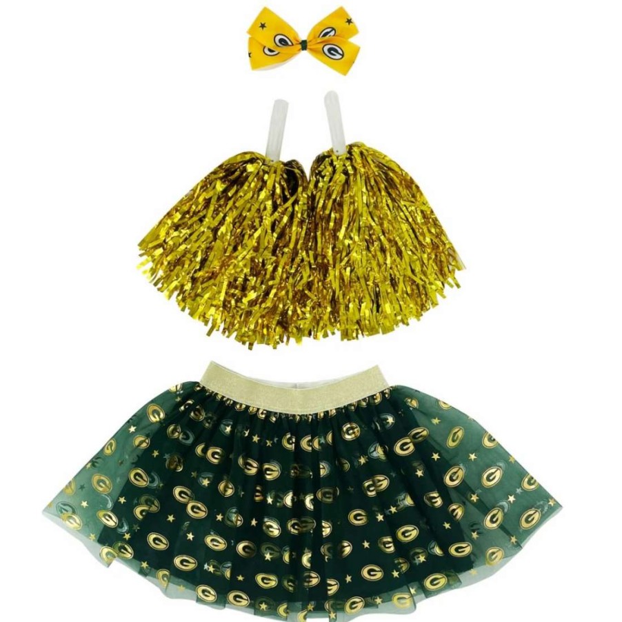 Kids * | Packers Girls Skirt, Bow & Poms Set Green & Gold