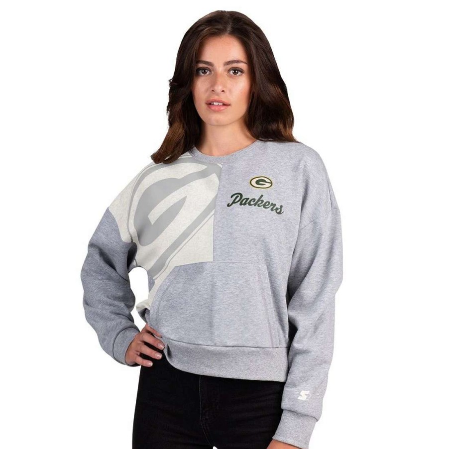 Womens * | Packers Womens Starter Gridiron Fleece Crew Gray