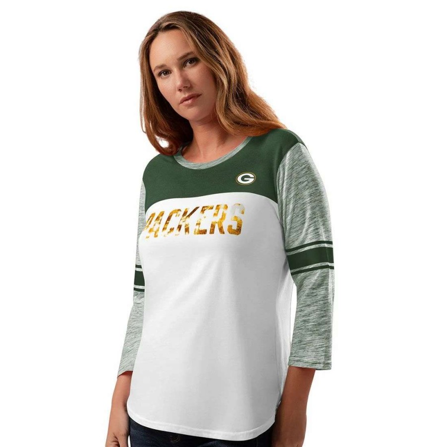 Womens * | Packers Womens Triple Play 3/4 Sleeve T-Shirt White & Green